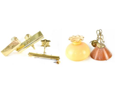 A quantity of various lighting to include a cut glass five-branch chandelier (af), a reproduction ceiling light in the form o