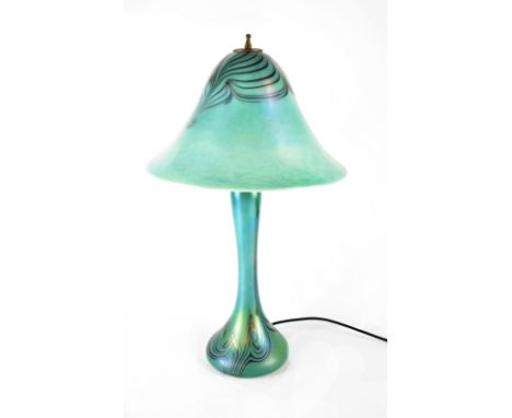 A Ditchfield iridescent green art nouveau table lamp, height when assembled 62cm (af). CONDITION REPORT There are several sma