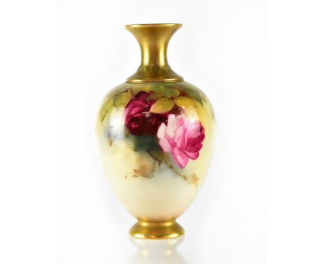 A Royal Worcester vase hand painted with roses, gilt highlighting, puce mark, shape 302B-H, dated 1926, height 10cm.