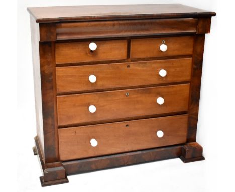 A 19th century mahogany Scotch chest with pillow drawer over two frieze drawers, over three long drawers, to recessed and ste