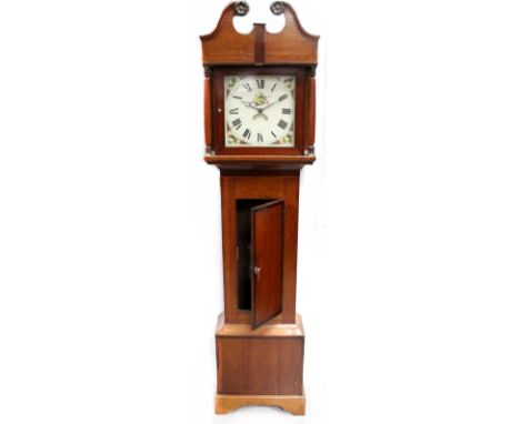 A 19th century oak-cased thirty hour clock, broken swan neck pediment with applied floral decoration above a white floral, bi