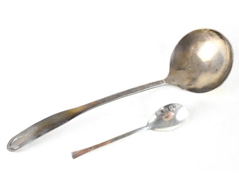 A modern handmade hallmarked silver ladle and teaspoon, both by Peter Cropper, the ladle of Celtic influence, length 25cm, th