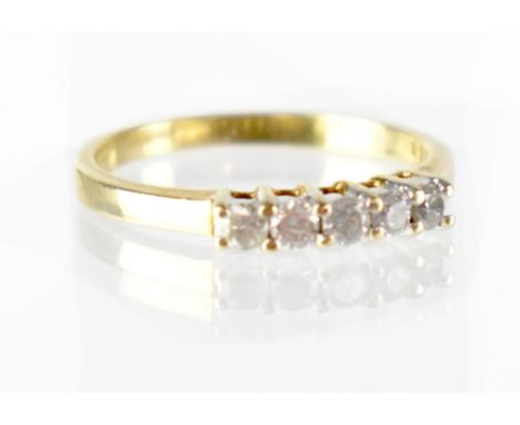 A 9ct gold five-stone diamond ring, diamonds approx 0.33ct total, size O, approx 2.2g.