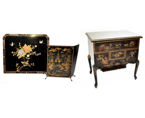 A contemporary reproduction Chinoiserie lacquered lowboy of one long and three short drawers with drop handles, painted with 