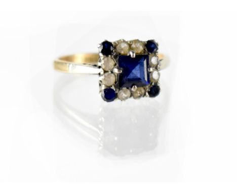 A 9ct gold Art Deco style blue synthetic spinel ring, size O, approx 2.8g. CONDITION REPORT The inside of the shank is stampe