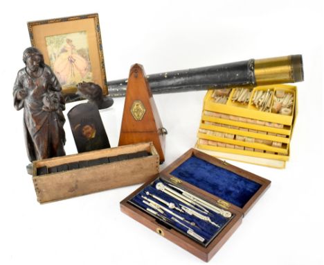 A Mahjongg boxed game by HP Gibson &amp; Sons, London, with bone pieces, a 19th century cased geometry set, the protractor st