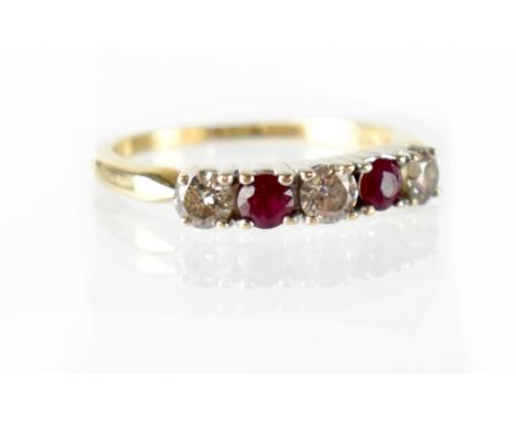 A ruby and diamond half eternity ring, three claw-set diamonds and two claw-set rubies on 9ct hallmarked shank, size P, appro