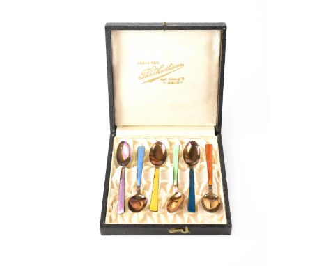 A cased set of six Norwegian silver coffee spoons, the handles in coloured enamels with crown-shaped details, stamped Thomas 