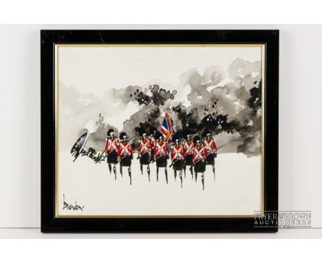 Brandon - British Army, Scottish soldiers with cannon and stylised cloud of smoke, oil on board, signed lower left, 29.5 x 24