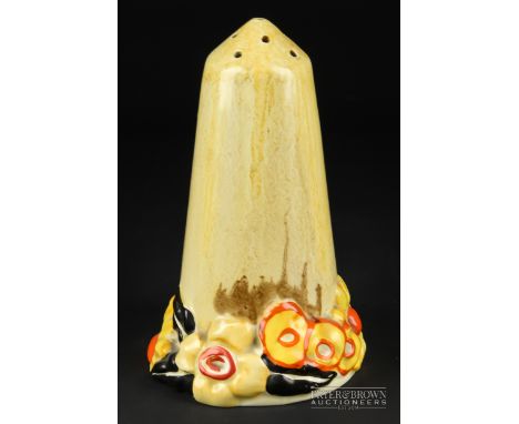 A Clarice Cliff Bizarre sugar caster, 'My Garden' pattern, hand painted with flowers in tones of yellow, orange and black, ma