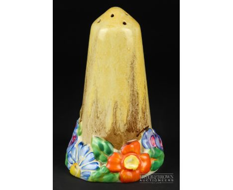 A Clarice Cliff Bizarre sugar caster, 'My Garden' pattern, hand painted with green leaves and flowers in blue, yellow and ora