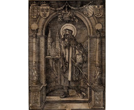 Albrecht Dürer - St Sebaldus in a niche - 1518  /  Description:  In a niche, decorated with a tapestry, Saint Sebald is depic