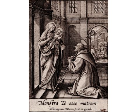 Hieronymus Wierix (1553-1619) - St Bernard kneels before Madonna and Child in a church  /  Description:  In an open church in