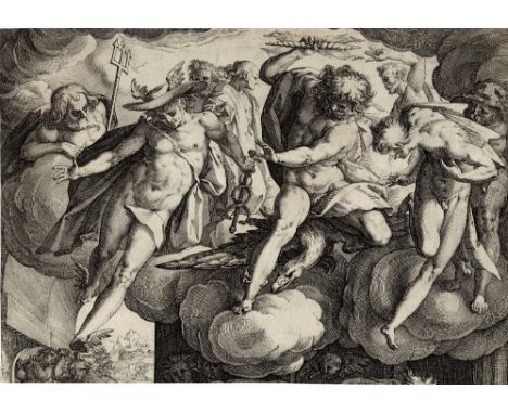 Hendrick Goltzius - Mercury and Jupiter on the clouds - 1585  Amongst billowing clouds, is Mercury, Jupiter (about to hurl a 