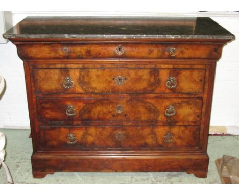 COMMODE, Louis Philippe burr walnut, circa 1840, with grey marble top above four drawers, 97cm H x 127cm W x 58cm D. (with fa