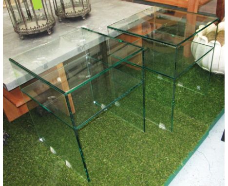 SIDE TABLES, a pair, each with glass shelf, each 40cm W x 40cm D x 51cm H. (2)