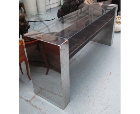 RECEPTION DESK/COUNTER, with glass top with shelf and chromed metal end supports, 201cm x 50cm x 90cm H.