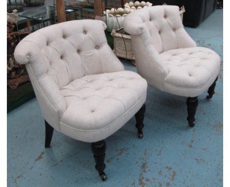 BEDROOM CHAIRS, a pair, button back in oatmeal fabric on front castors, 60cm. (2)