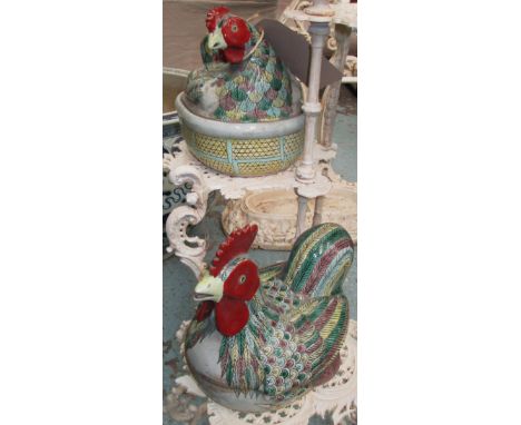 TUREENS, a pair, chicken and rooster in polychrome ceramic, 24cm. (2)