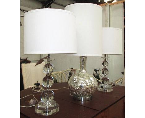 TABLE LAMPS, a pair, Art Deco style in ball crystal, 64cm H plus a mosaic mirrored table lamp, 78cm H. (3)