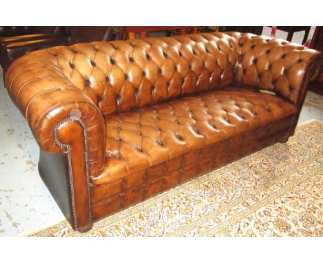 CHESTERFIELD SOFA, tan brown leather upholstered with deep button back, arms and seat, 210cm W.