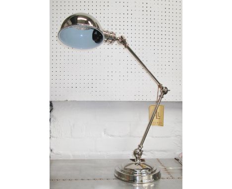 TABLE LAMP, chrome with adjustable arm and head, 70cm H.