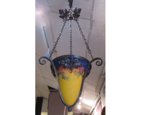 MULLER FRÈRES CEILING LIGHT, circa 1910, the signed glass shade with transitional colours from blue to gold with a foliate de