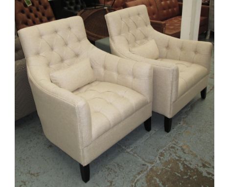 ARMCHAIRS, a pair, button back in oatmeal fabric with sloping back and scatter cushion, 80cm W. (2)