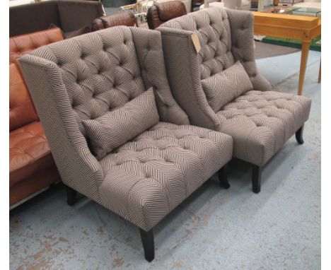 WING ARMCHAIRS, a pair, button back in herringbone fabric with scatter cushion, 80cm W. (2)
