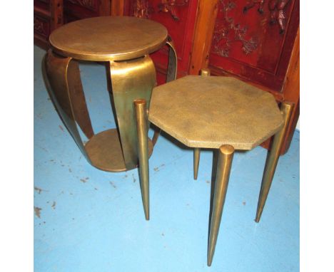 SIDE TABLES, two, shagreen style, gilt metal and ceramic, one circular, 42cm W x 49cm H, and one hexagonal, 34cm W x 43cm H. 