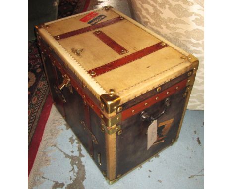 TRUNK, Army and Navy style leather, vellum and brass bound with rising lid and carrying handles, labelled 'No. 1', 80cm W x 5