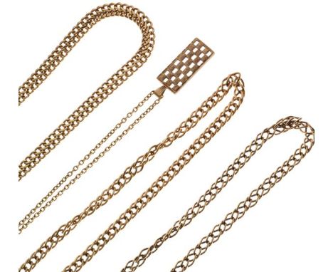 9ct gold S link design necklace, two other chains stamped 9kt and a 9ct gold rectangular pendant on chain   Condition: 