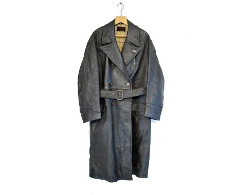 Vintage dark brown leather long motorcycle jacket with belt, having chequered brushed fabric lining and bearing a 'Wareing Co