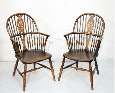 Pair of early 20th Century ash and elm seat stick back Windsor elbow chairs   Condition: 