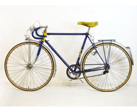 Vintage touring cycle - Mid 20th Century Peugeot steel framed cycle having blue and yellow frame with silver tube lining, fit