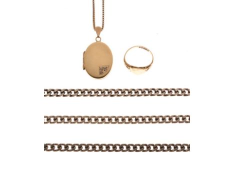 9ct gold locket set three white stones on chain, a 9ct gold heart design ring, together with a white metal file curb link nec