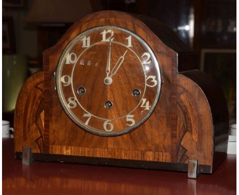 1930's period Art Deco design walnut and string inlaid striking and chiming mantel clock   Condition: 