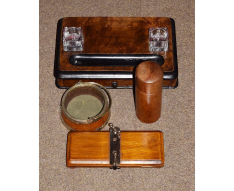 Victorian walnut and ebonised desk stand, cylindrical drill bit box with cover, tie press and circular oak silver plated dish