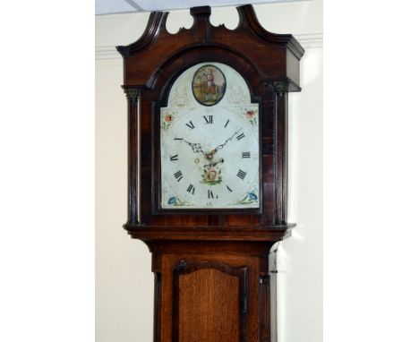 19th Century mahogany crossbanded oak longcase clock, the hood with arch shaped glazed door flanked by reeded pillars, trunk 