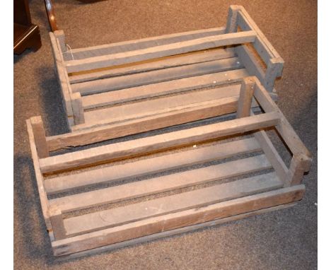 Pair of French vintage slatted wood rectangular vegetable baskets   Condition: 
