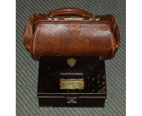 Vintage leather Gladstone type bag bearing label for W. Insall and Sons, Bristol, together with a Hawkes & Co of Piccadilly r