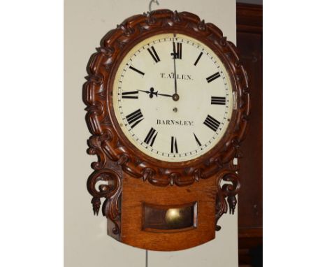 19th Century oak drop dial wall clock, the white enamel dial inscribed T.Allen, Barnsley (lacking glass)   Condition: 
