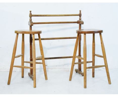 Pair of vintage elm seat beech framed kitchen stools and a beech framed towel rail   Condition: 