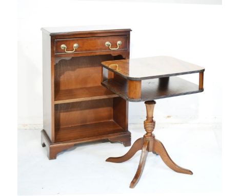 Reproduction mahogany open bookcase fitted one shelf and a reproduction mahogany two tier occasional table   Condition: 