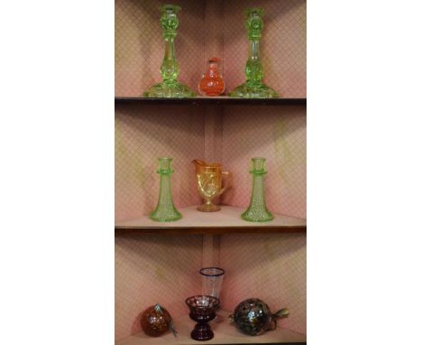 Quantity of decorative coloured glass including carnival glass, Bohemian cased squat ruby coloured vase, pressed moulded glas