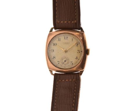 J.W. Benson - Early 20th Century 9ct gold cased gentleman's wristwatch having engine turned champagne dial with Arabic numera
