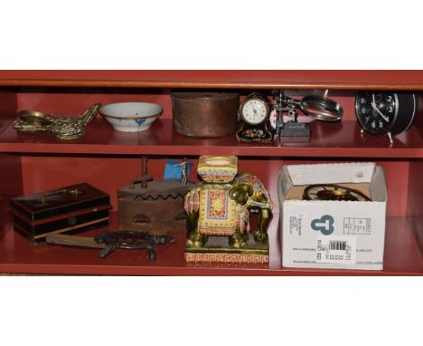 Quantity of decorative ceramics, metalware, clock parts etc (two shelves)   Condition: 