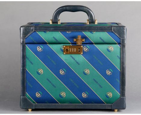 covered in blue and green canvas, dark blue leather corners and reinforcements, with the monogram of the SBM (Société des Bai