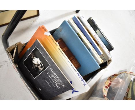 A box of mixed books, including vintage birds of the British isles and Hunting songs.