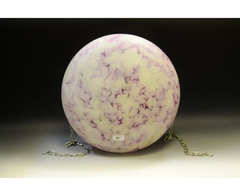 A pink and white marbelised glass three chain celing light shade, 40cm diameter 